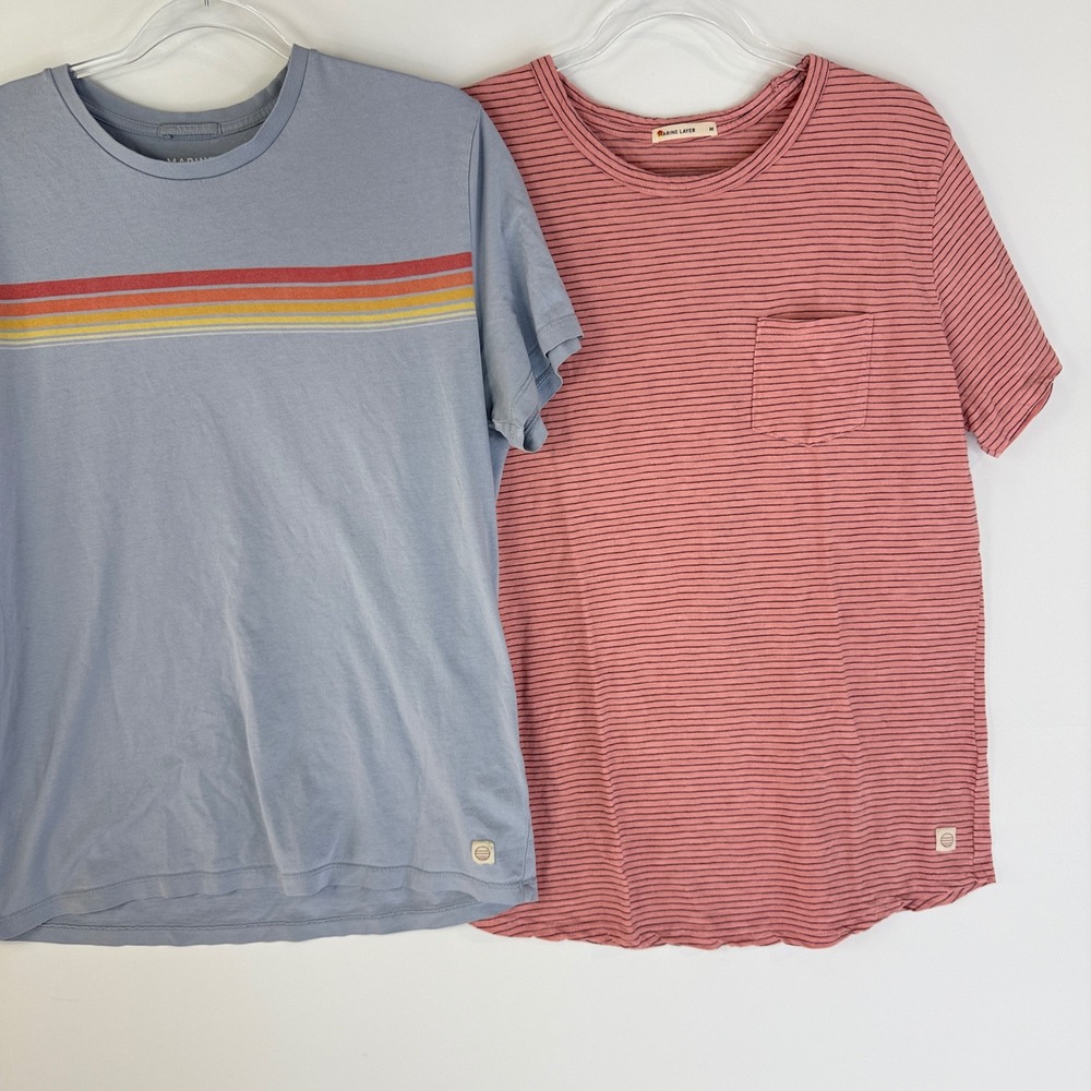 Marine Layer T-Shirt Lot Men Medium Blue Pink Striped Pocket Crew Neck 2 Pack